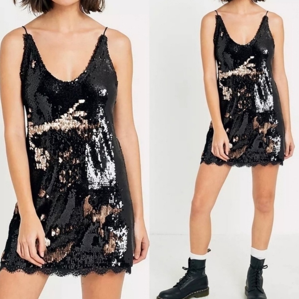 Intimately Free People Seeing Double Sequin Slip Mini Dress Black Size Small